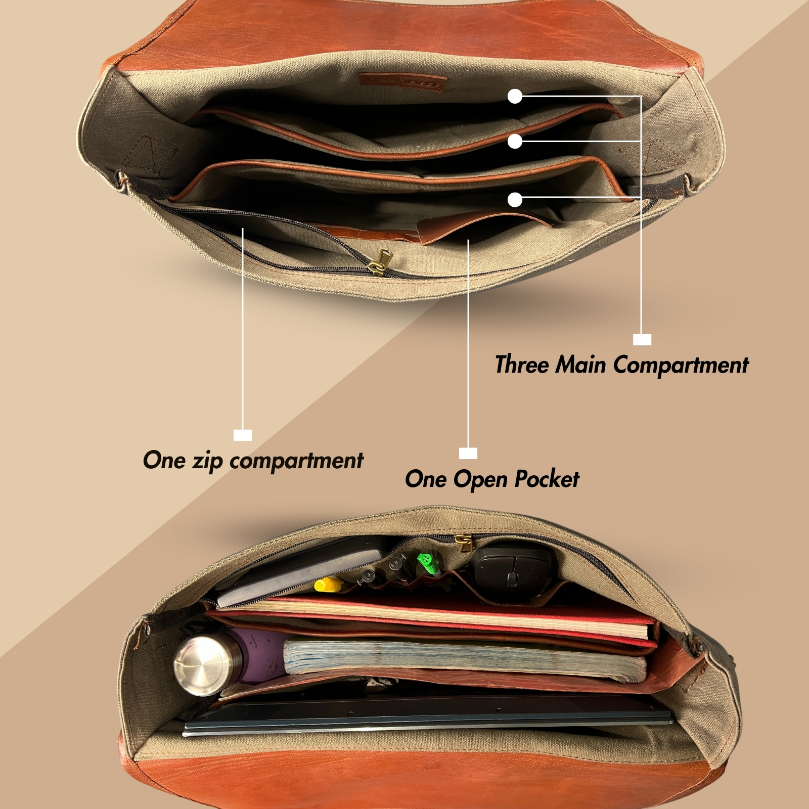 Madosh Genuine Brown Leather  Canvas Laptop Men’s Briefcase Side Crossbody Office Shoulder Business Messenger Laptop Handbag for men